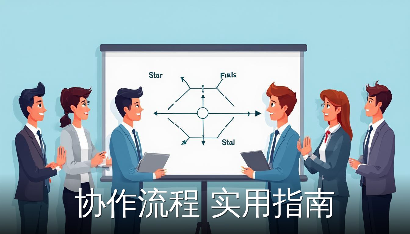 协作流程实用指南 多人围绕白板用箭头和节点展示工作步骤