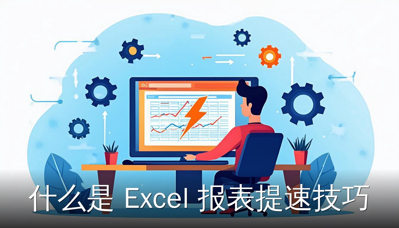 Excel报表提速技巧 扁平插画 办公人员 电脑 闪电 速度
